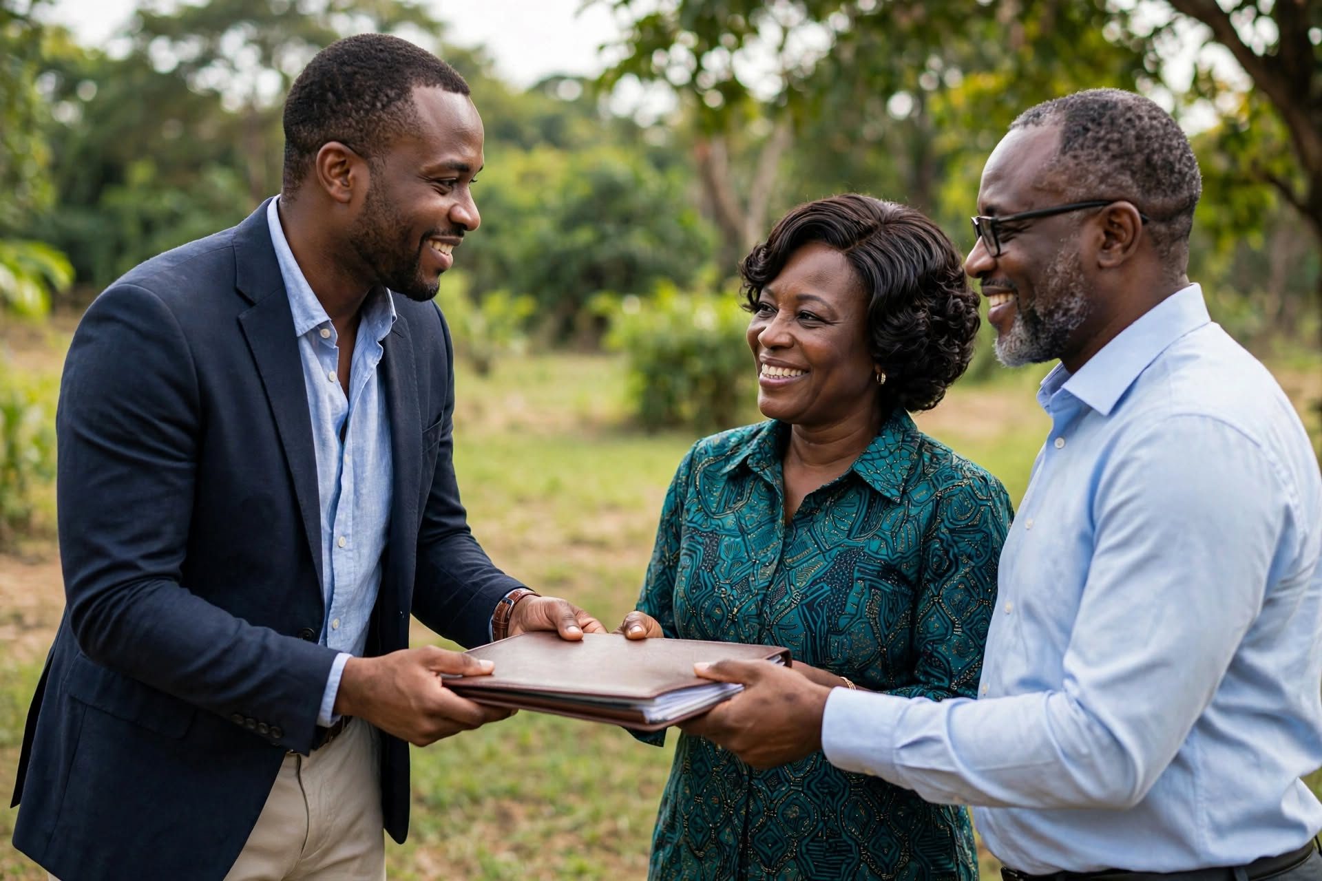 Documents being handed to a couple on the land